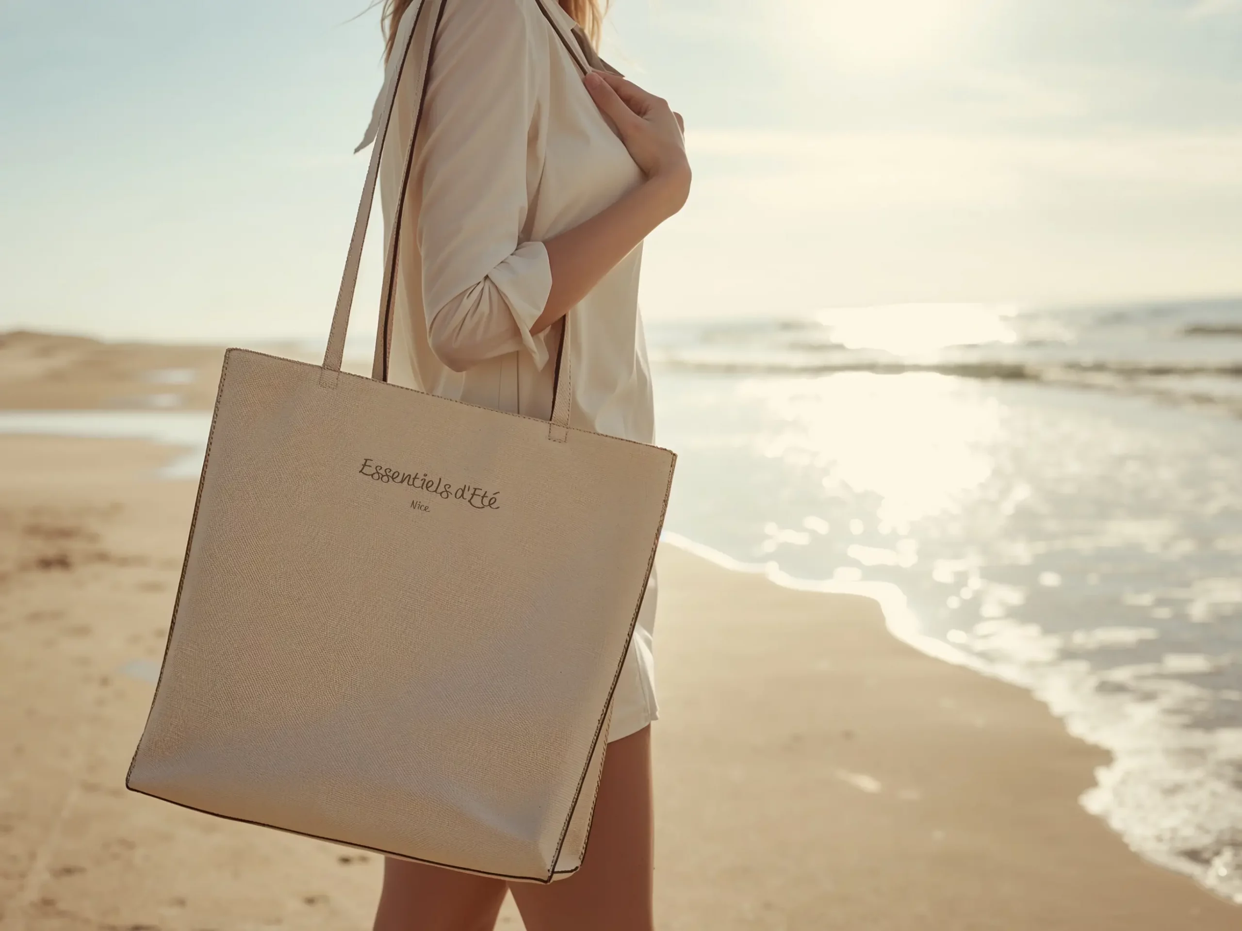 Woman walking on a beach carrying a tote bag printed with text in the new Sable Swift handwritten font.