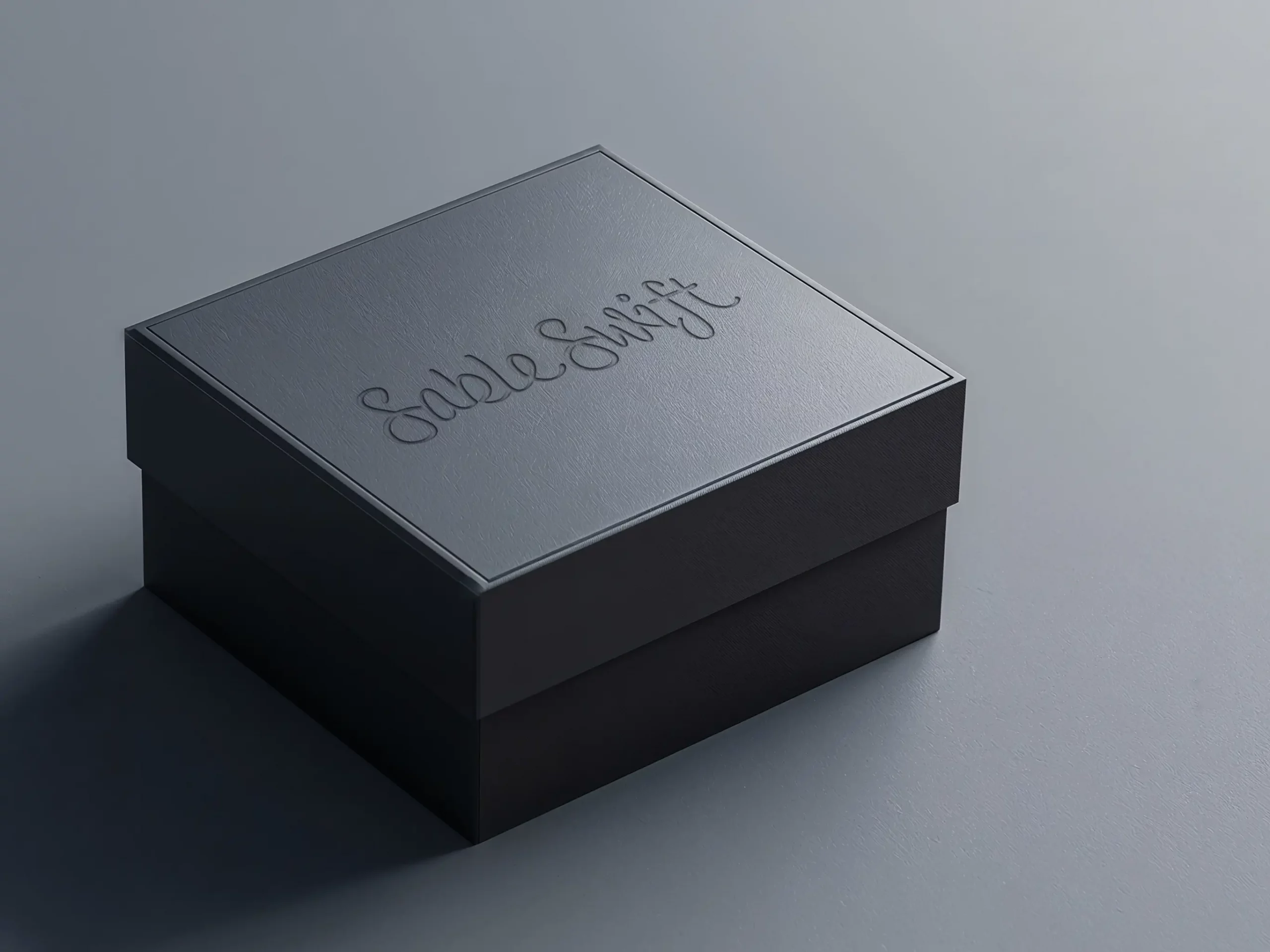 Premium luxury packaging box featuring refined Sable Swift handwritten typography.