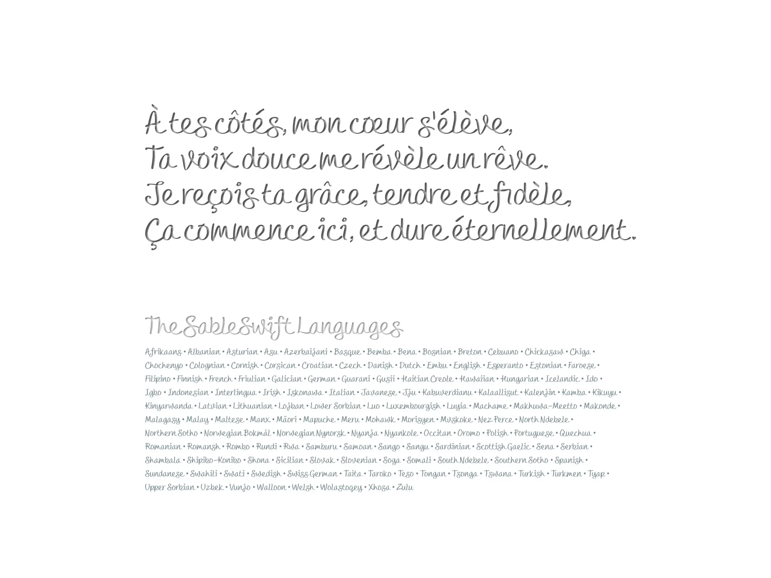 The Sable Swift language alternatives. Font preview displaying accented characters and diacritics.